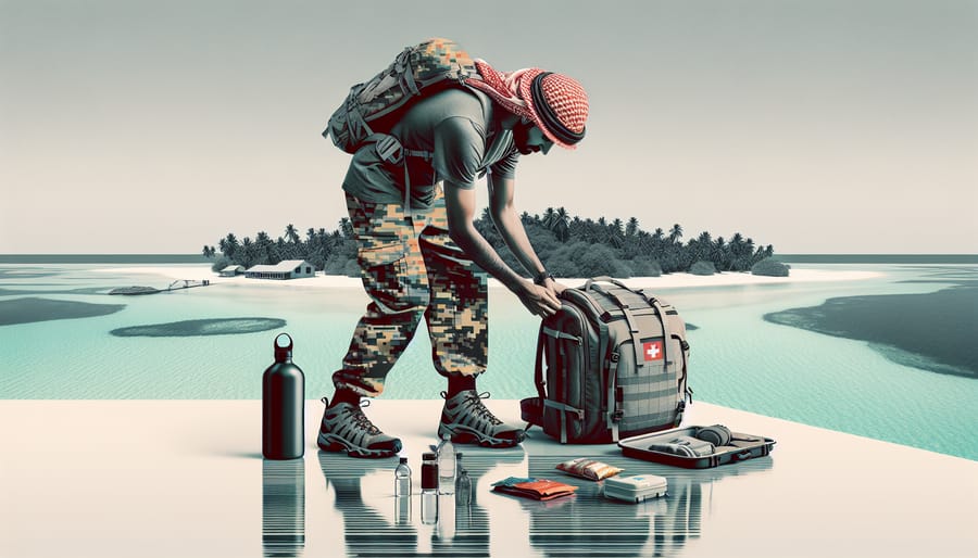 A well-equipped hiker preparing for a trail adventure on Oak Island, packing essentials into a lightweight backpack at the trailhead.