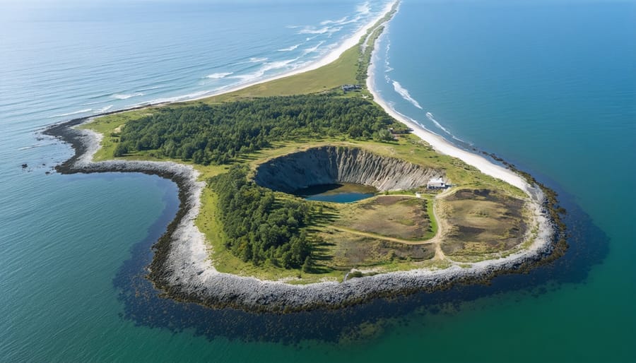 Aerial photograph of Oak Island with a marker indicating the Money Pit location