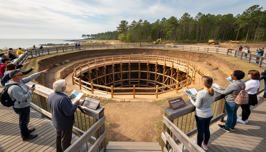 Tourists standing behind a rope barrier at Oak Island and looking toward an excavation site