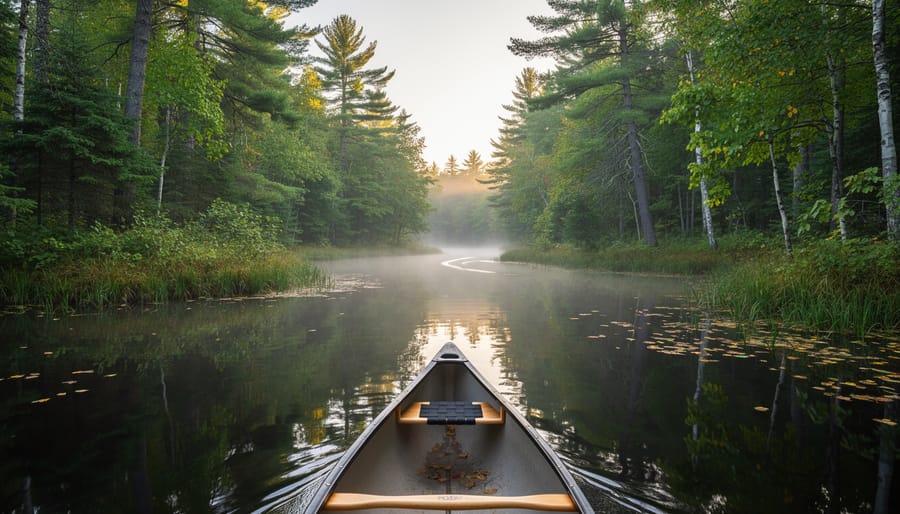 Canoe floating on a calm Kejimkujik backcountry waterway at dusk near a rock shoreline