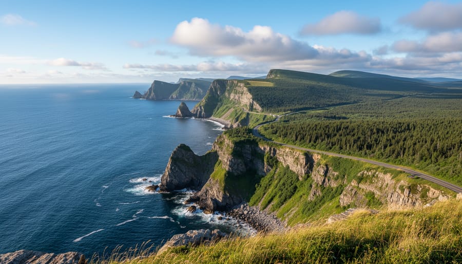 Coastal cliffs and Atlantic Ocean viewed from the Cabot Trail near Ingonish Beach in golden hour light