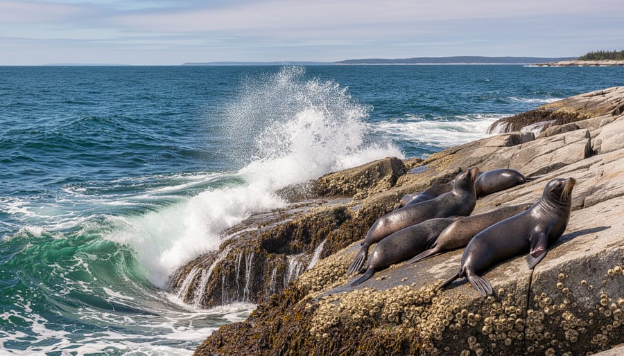 Harbor seal resting on wet sand at Port Joli with ocean waves and rocky coastline in the background