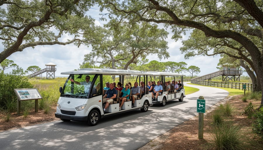 Passengers on a guided tram with a guide aboard at Oak Island