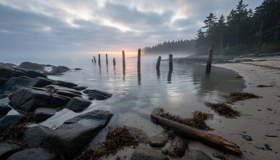 View of Smith’s Cove shoreline on Oak Island with rocks and calm water at low tide