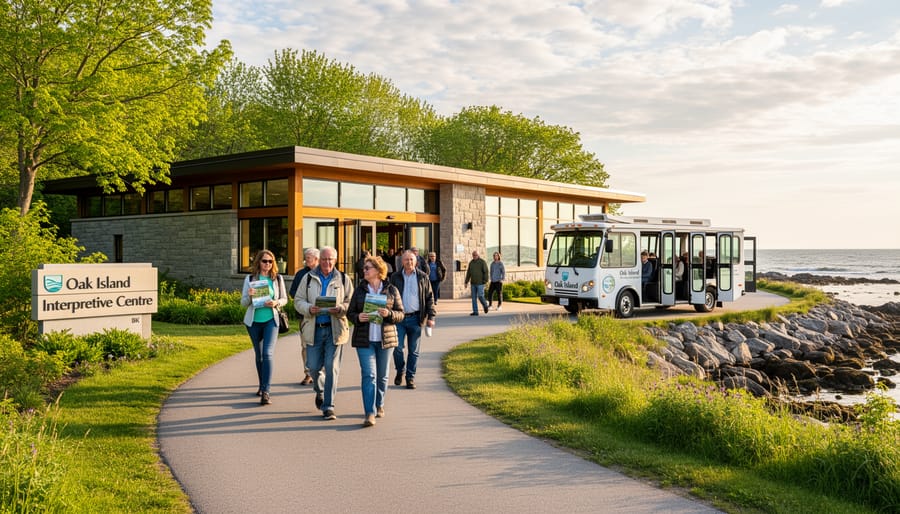 Visitors walking toward the Oak Island Interpretive Centre entrance in Nova Scotia