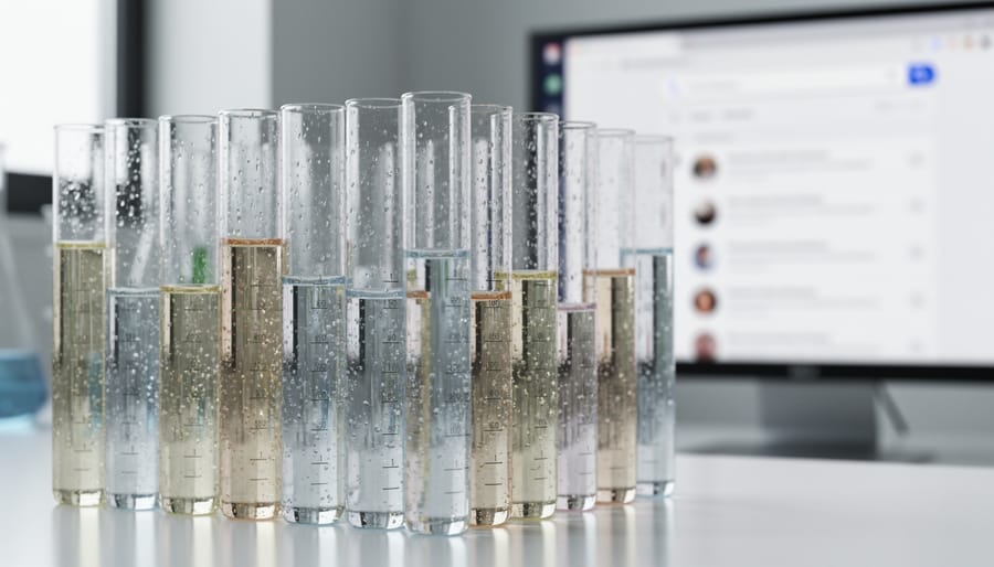 Gloved hand holding small clear laboratory vials in front of an out-of-focus lab bench