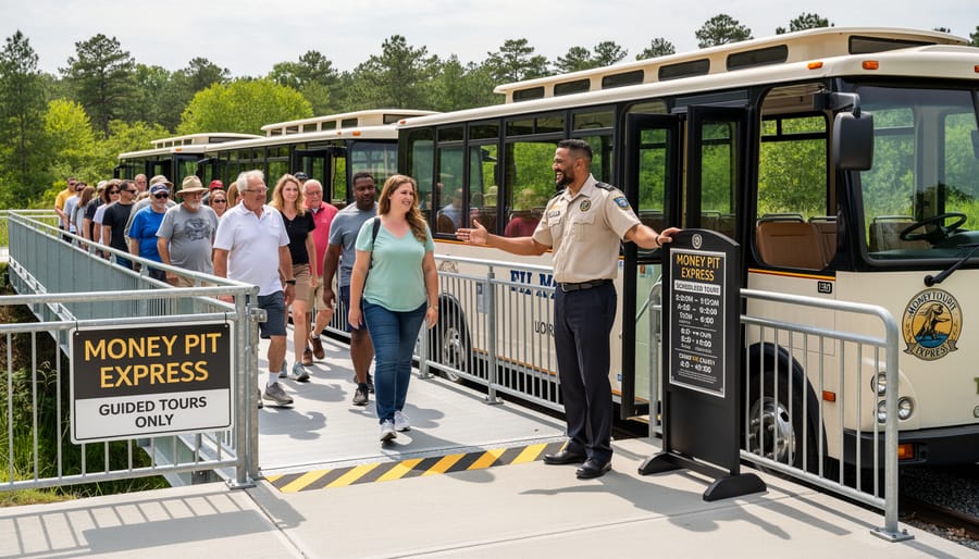 People boarding an open tram for the Money Pit Express guided tour at Oak Island