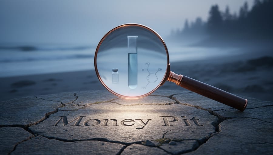 Magnifying glass hovering over a weathered Money Pit–like stone surface with faint laboratory vial reflections in a misty coastal environment.