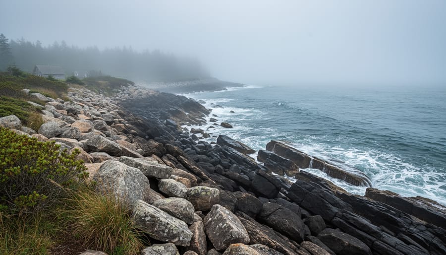 Golden-hour view of Oak Island shoreline with wet rocks and waves in the distance