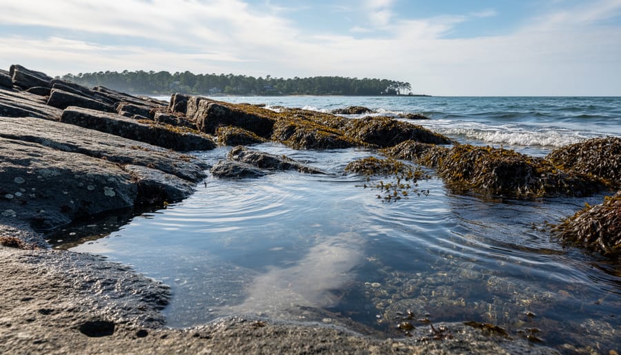 Smith's Cove shoreline on Oak Island with wet rocks and calm water at golden hour