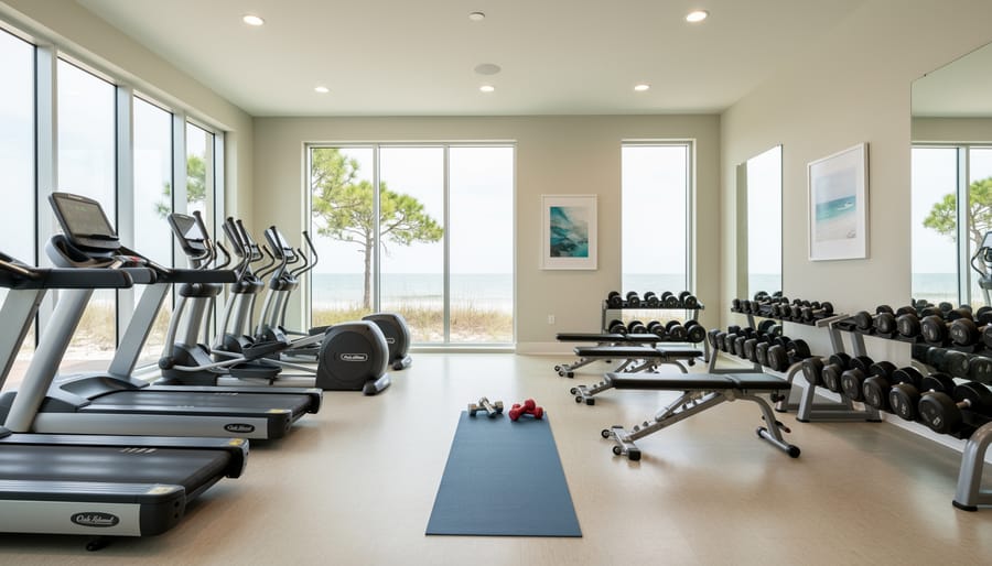 Modern fitness centre inside Oak Island Resort with treadmills and exercise equipment