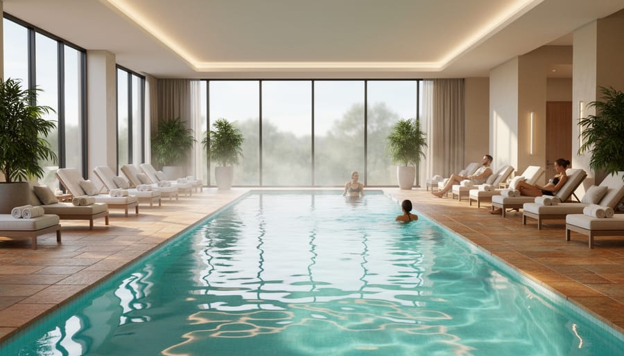 Indoor pool at Oak Island Resort with bright water reflections and poolside seating