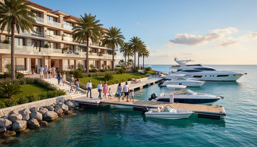 View of the marina dock at Oak Island Resort with a boat moored beside the shoreline