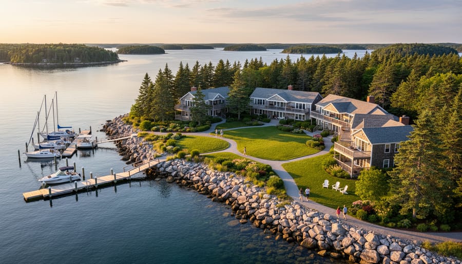 Wide view of Oak Island Resort on the Mahone Bay shoreline with calm water and golden light