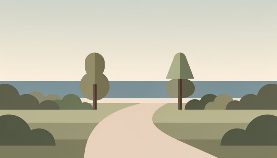 Hiker walking along a winding trail toward a bright bay horizon on Barrington Lane