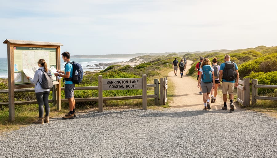 Visitors at the Barrington Lane trailhead access area near a wooden sign and parking spot