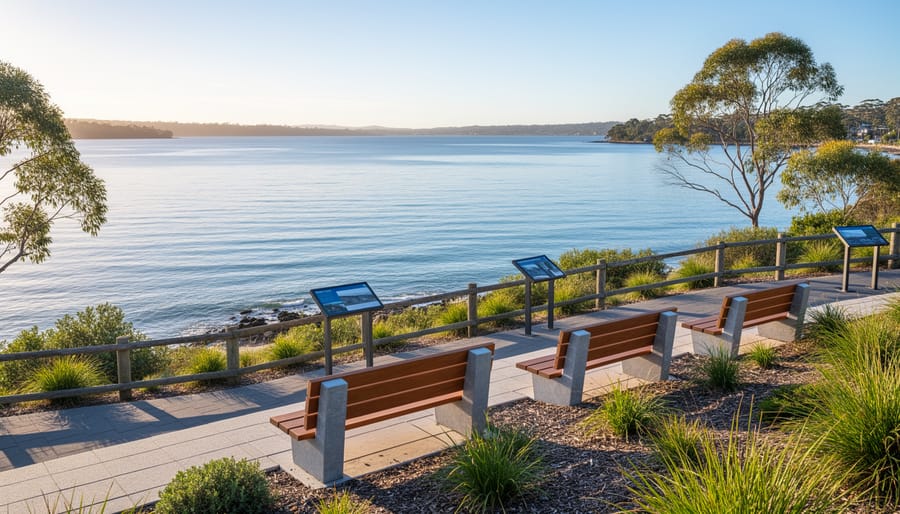 People relaxing on benches at a bay-side rest area overlooking the water
