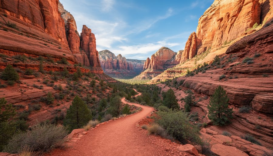 Hiker on a trail through red rock formations in Boynton Canyon