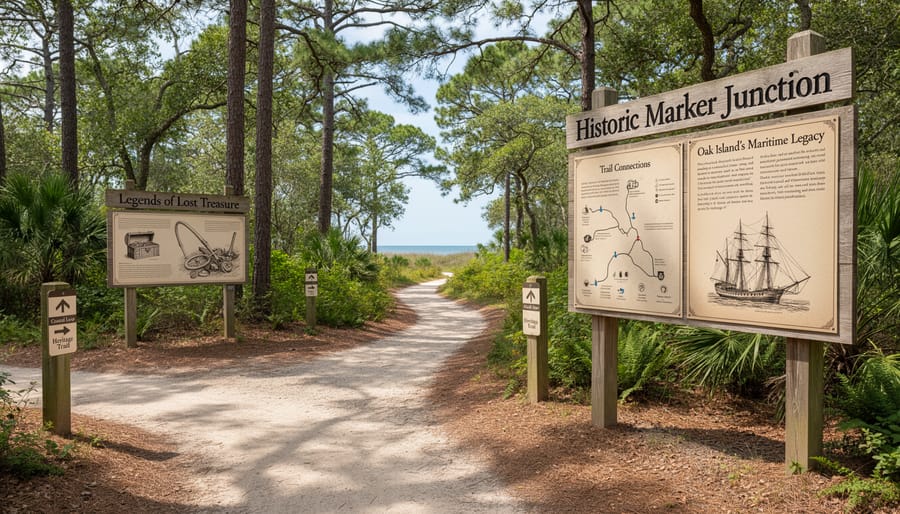 Hikers at a historic marker junction where the trail meets interpretive signs