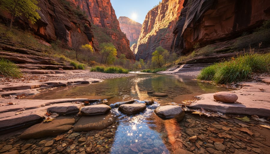 Red rock canyon with stream and stepping stones along West Fork Trail in Oak Creek Canyon