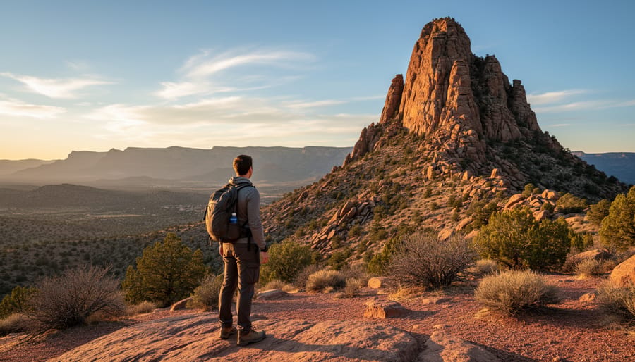 Thumb Butte rock formation with a lone hiker on a rocky overlook at sunset