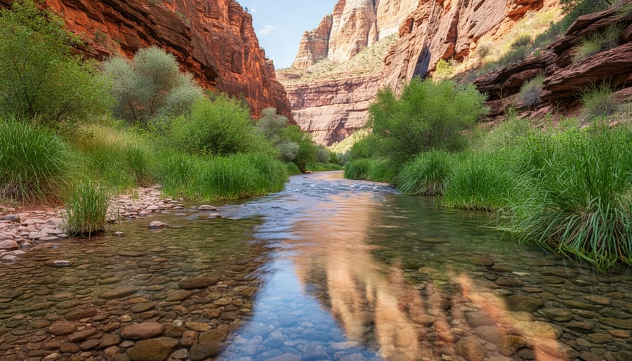 Creek water flowing through a rocky pool with desert plants along Wet Beaver Creek