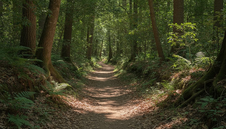 Woodland loop path with leaf-covered ground and dappled sunlight through trees